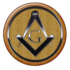 Freemason metallic symbol on wooden plaque