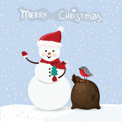 Christmas snowmen and bag with bird and text, vector