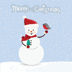 Snowman with bird. Vector card