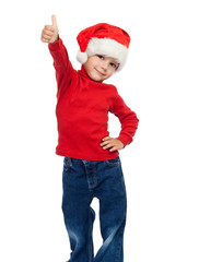 Boy in Santa hat with thumbs up sign