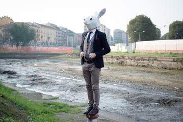 rabbit mask man in a desolate landscape