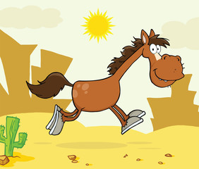 Smiling Horse Cartoon Character Running Over Western Landscape