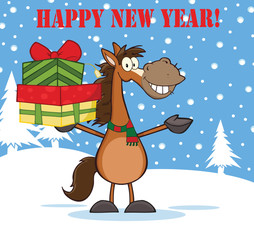Happy New Year Greeting With Smiling Horse Over Winter Landscape