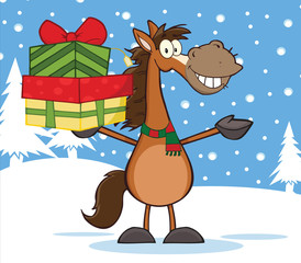 Smiling Horse Holding Up A Stack Of Gifts Over Winter Landscape