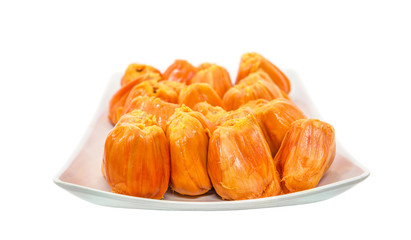 Fresh chempedak arils in a white plate.