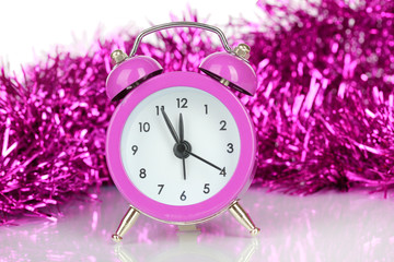 Composition of clock and christmas decorations isolated on