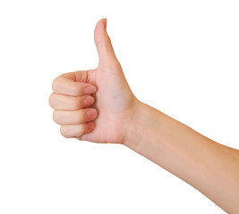 Woman hand showing thumb up sign isolated on white background