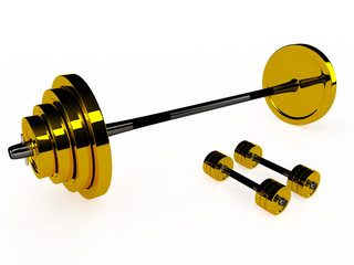 Gold weight and pair of dumbbells, 3D