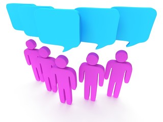 Group of stylized pink people with chat bubbles