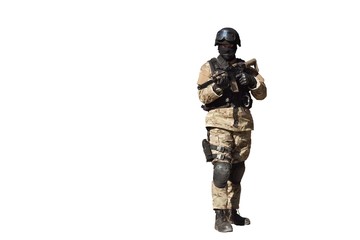 Special Forces soldier, with assault rifle, isolated on white