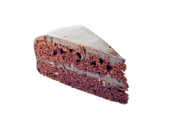 Piece of chocolate cake on white background