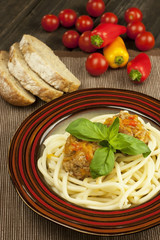 Plate of meatballs in gravy with herbs