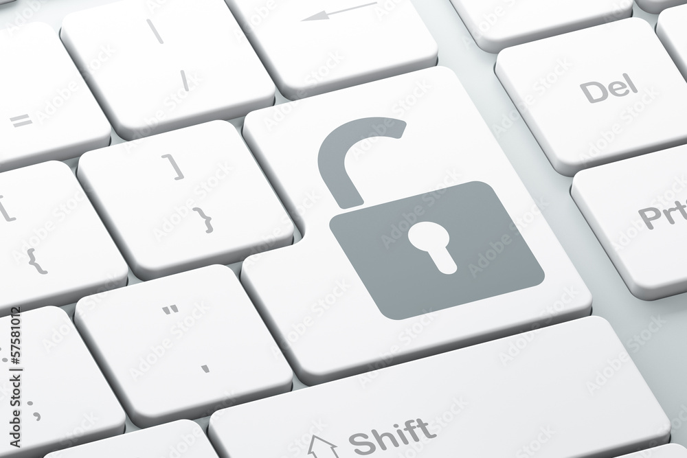 Poster safety concept: opened padlock on computer keyboard background