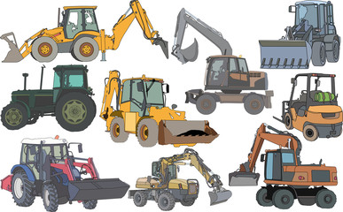 Set of 9 silhouettes of a tractors of road service