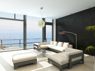 Fototapeta na wymiar Modern living room with huge windows and black stone wall