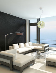 Modern white living room with huge windows and seascape view