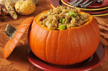 Turkey and celery stuffing in a pumpkin