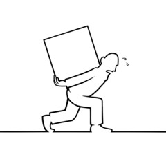 Black line art illustration of a man carrying a heavy box.