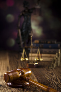 Mallet of judge, legal code and scales