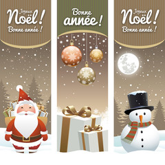 Carte de vœux, père Noël, cadeaux, bonhomme de neige