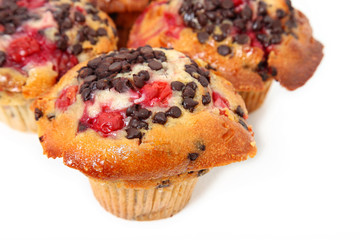Chocolate Chip Cherry Muffins On White Background