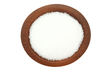Fototapeta na wymiar Top Down View Of Epsom Salt In Wooden Bowl