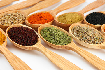 Assortment of spices in wooden spoons