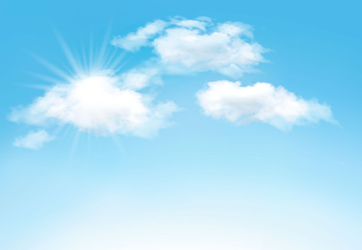 Blue sky with clouds and sun. Vector background