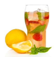 Basil lemonade with strawberry in glass, isolated on white