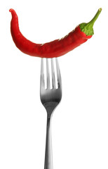 Fototapeta na wymiar Red hot chili pepper on fork, isolated on white