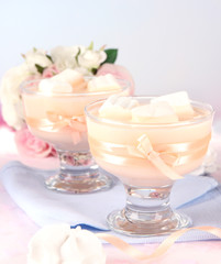 Tasty yogurt with marshmallows, close up