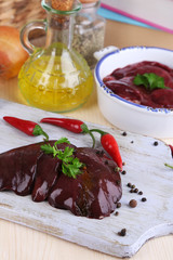 Raw liver in pan and