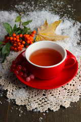 Still life with  orange viburnum  tea in cup, berries and snow,