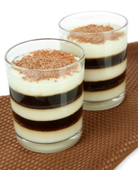 Tasty jelly coffee with milk on table on white background