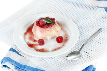 Panna Cotta with raspberry sauce, isolated on white
