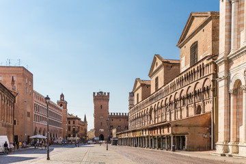 old street in historical center of Ferrara, Italy - obrazy, fototapety, plakaty