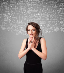 Young pretty lady with hand drawn calculations and icons