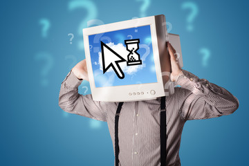 Person with a monitor head and cloud based technology on the scr