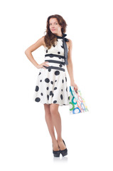 Girl after good shopping on white