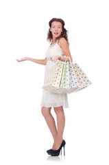 Girl after good shopping on white