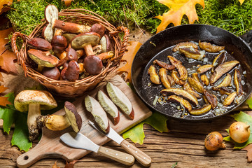 Fresh wild mushrooms fried in a pan
