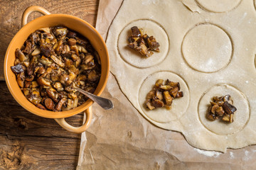 Closeup of Cooking homemade dumplings with mushrooms