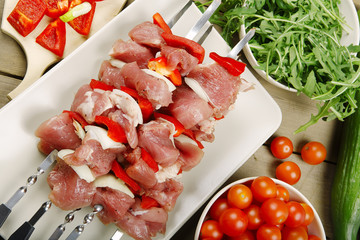 Pieces of meat on the skewers