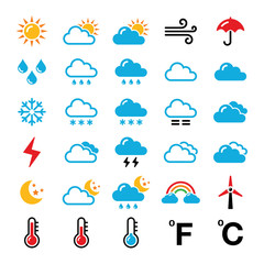 Naklejka premium Weather forecast colorful vector icons set