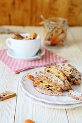 homemade biscotti on a white plate and a cup