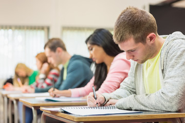 Young students writing notes in classroom