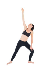 Sporty woman stretching hand over white background