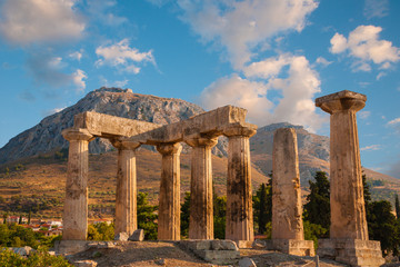 Ruins of Appollo temple with fortress, Corinth, Greece - obrazy, fototapety, plakaty