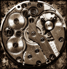 Close up view of old clock's gears
