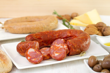 chorizo on dish with cheese and olives